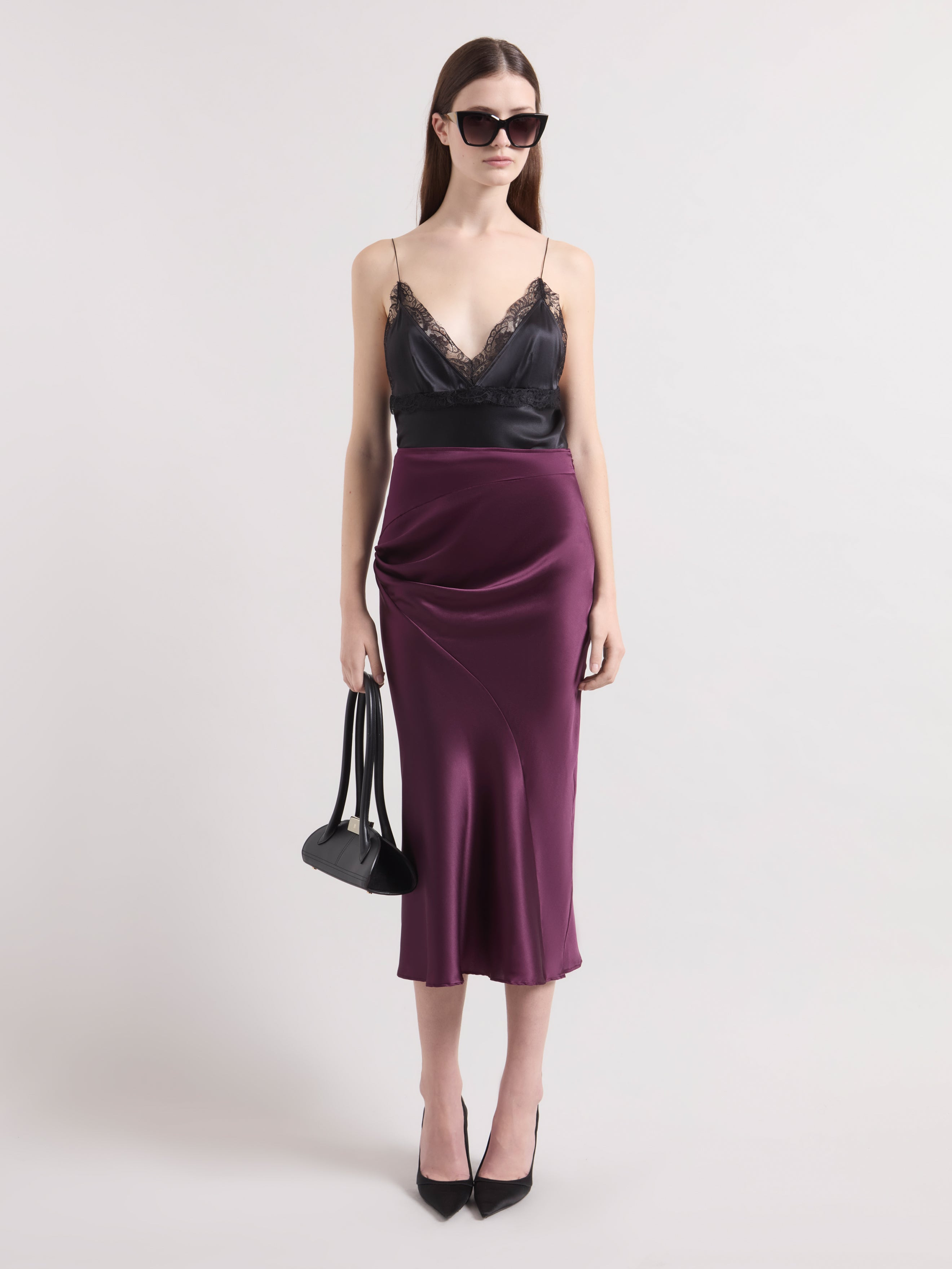 burgundy asymmetrical satin skirt