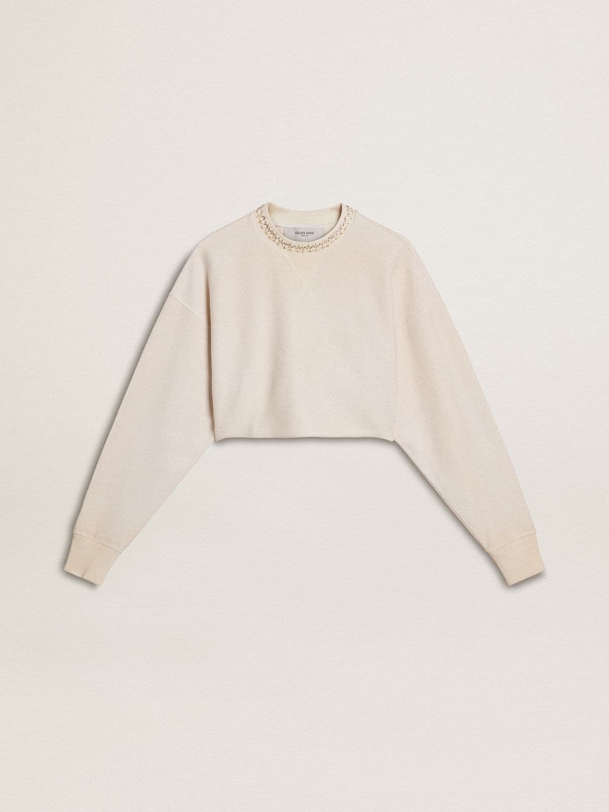 women's cream cotton cropped sweatshirt with crystals on the front