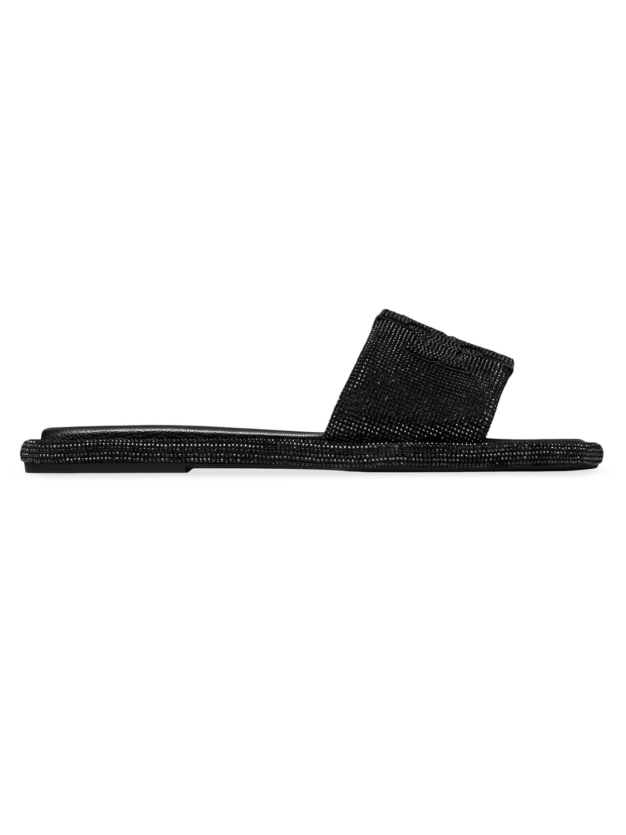 women's double-t pavé leather slides - perfect black