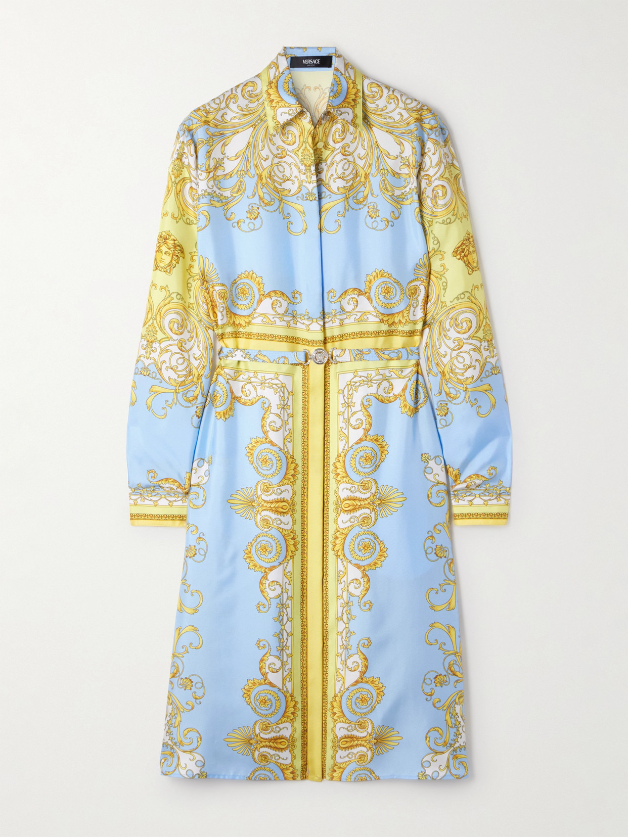 belted printed silk-twill dress