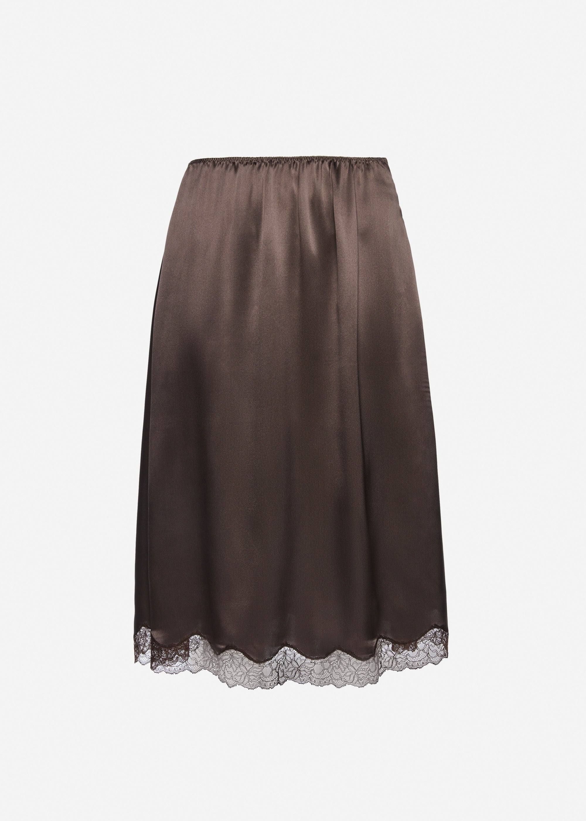 silk lace-trim slip skirt in brown