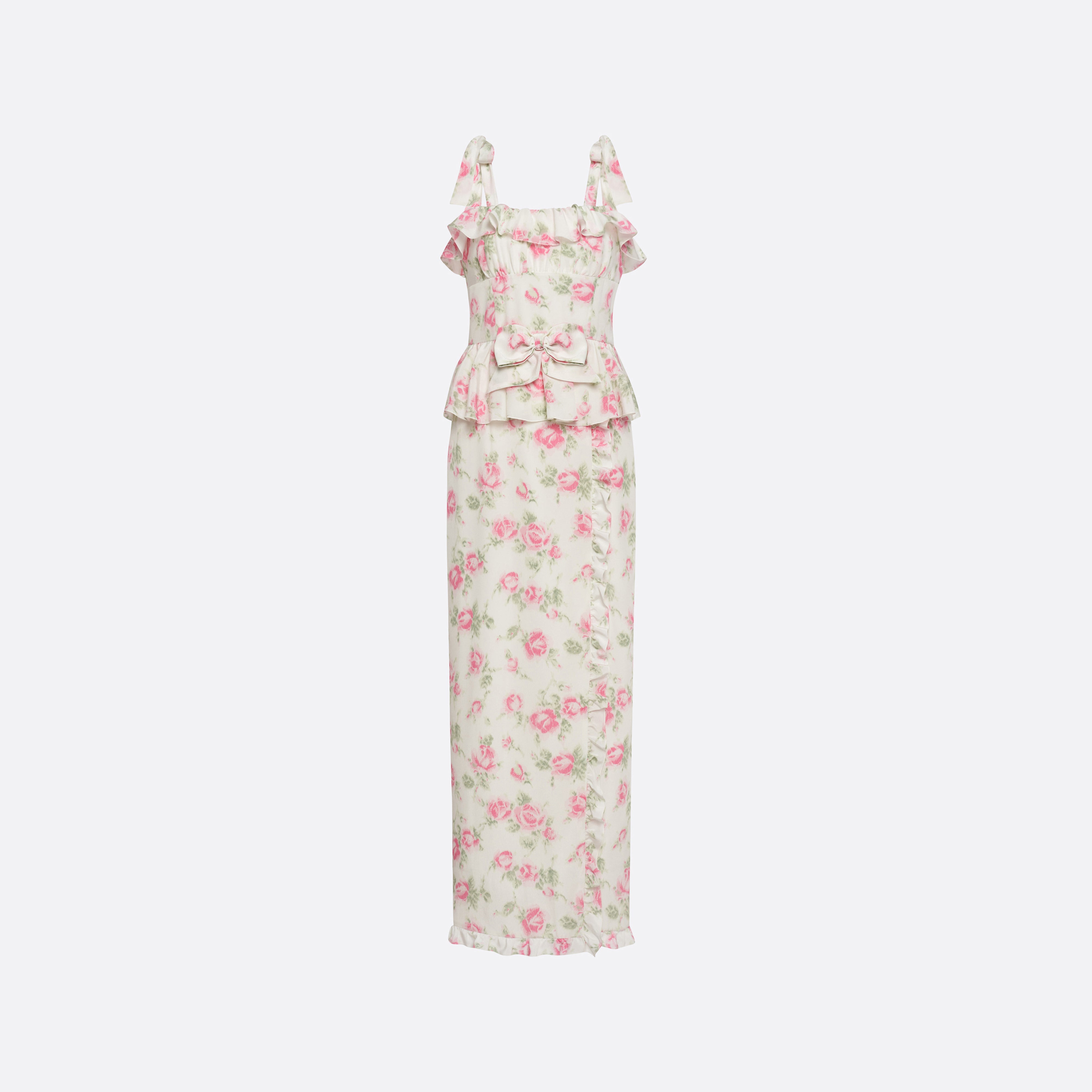 floral-print silk dress with ruffles