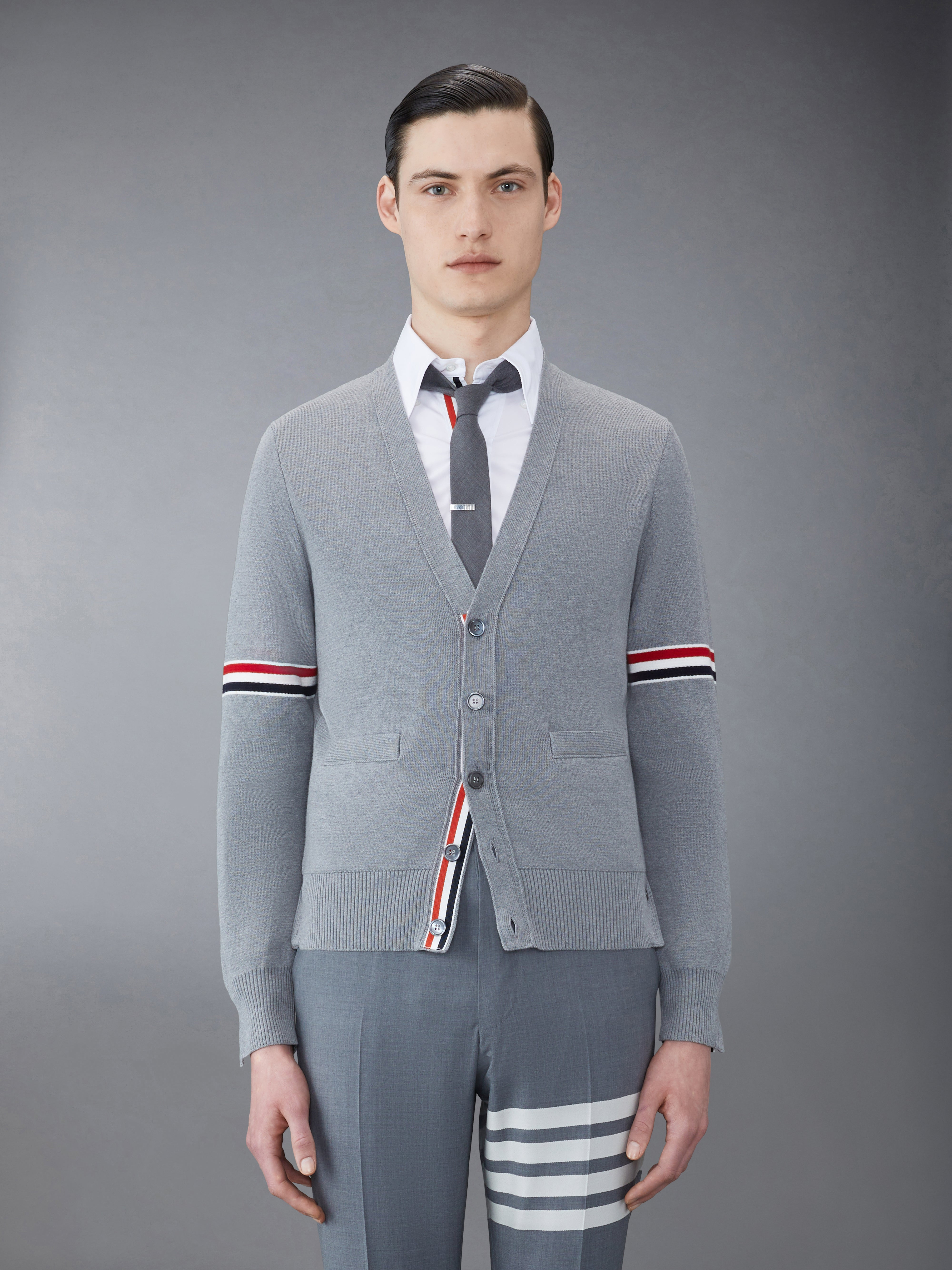 light grey cotton milano stitch stripe armband v-neck cardigan