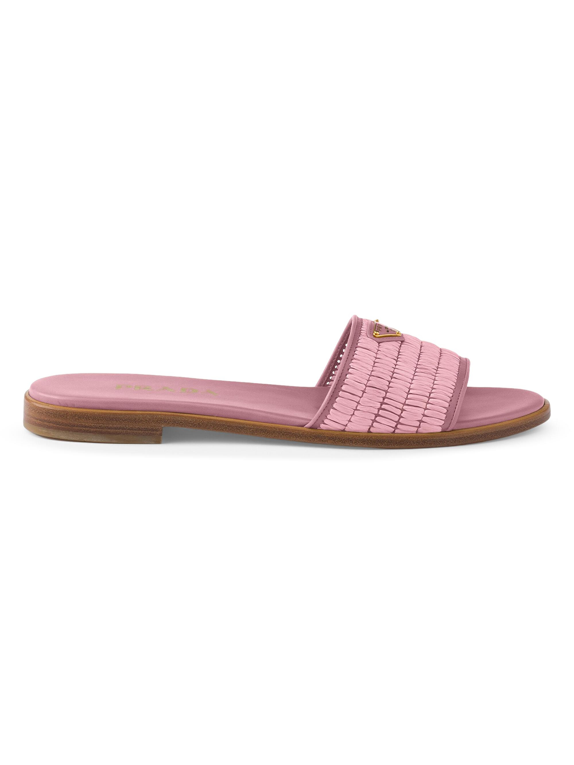 women's leather and crochet slides - pink