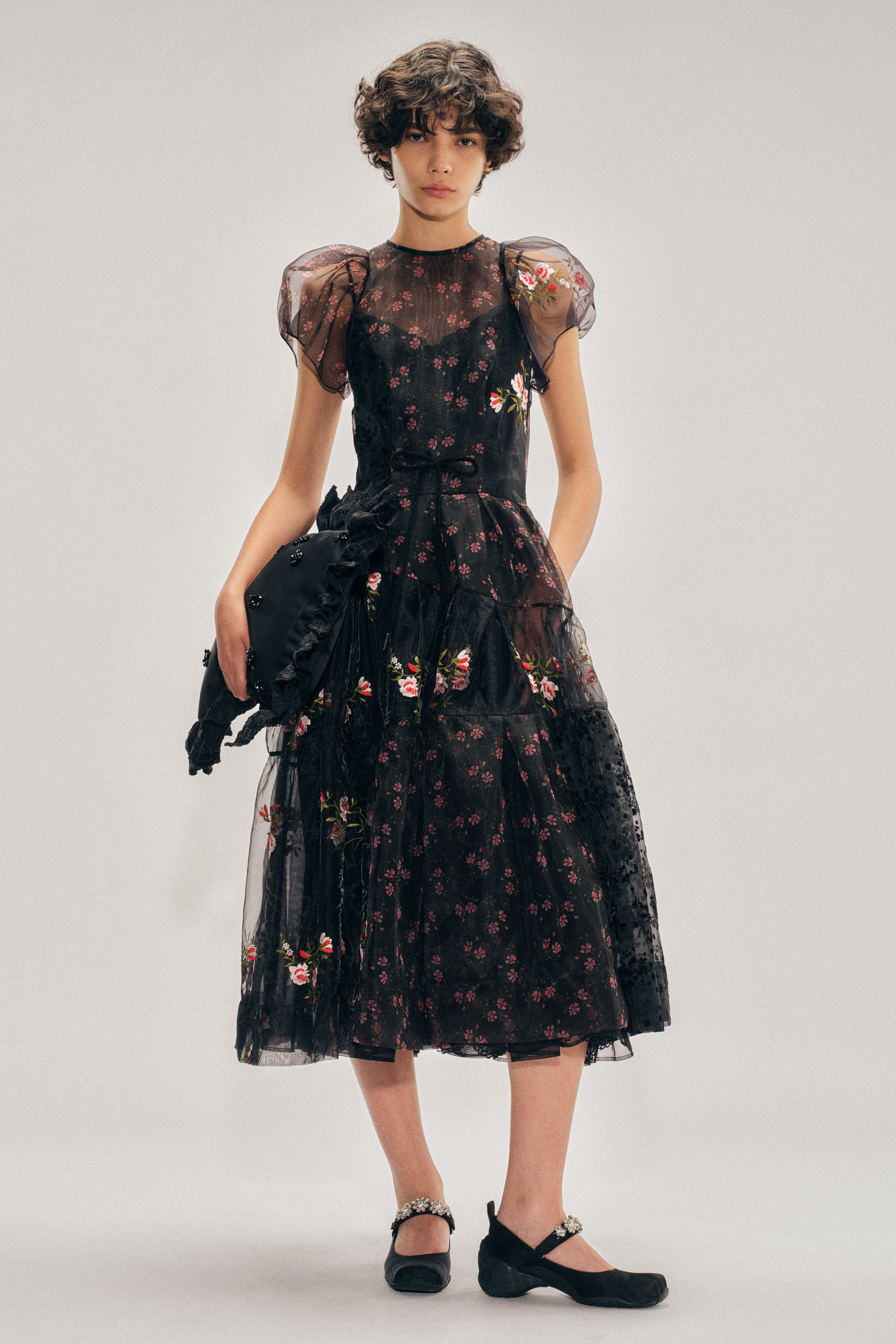 sheer puff sleeve patchwork flounce dress