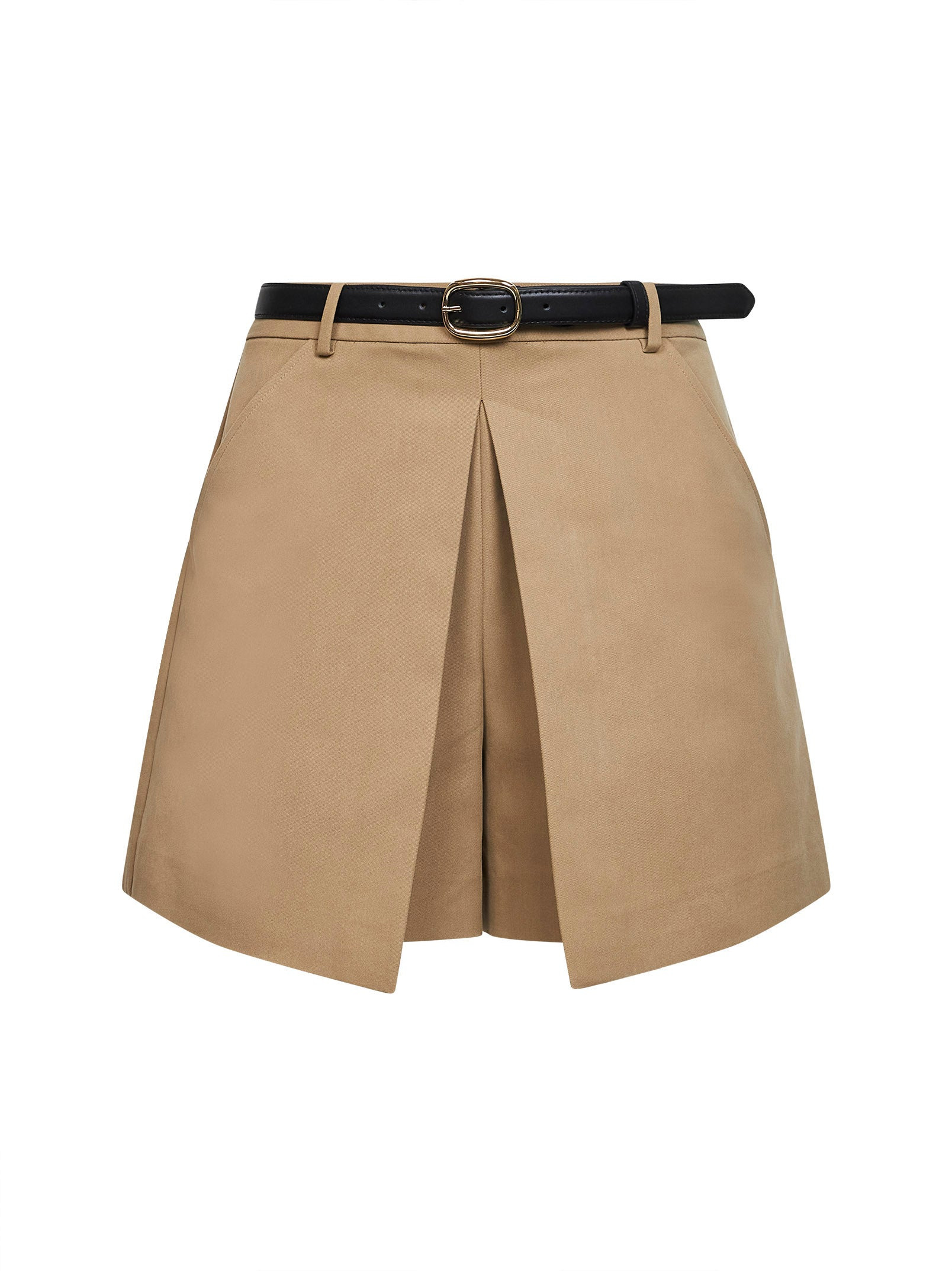 beige cotton blend gabardine belted skort