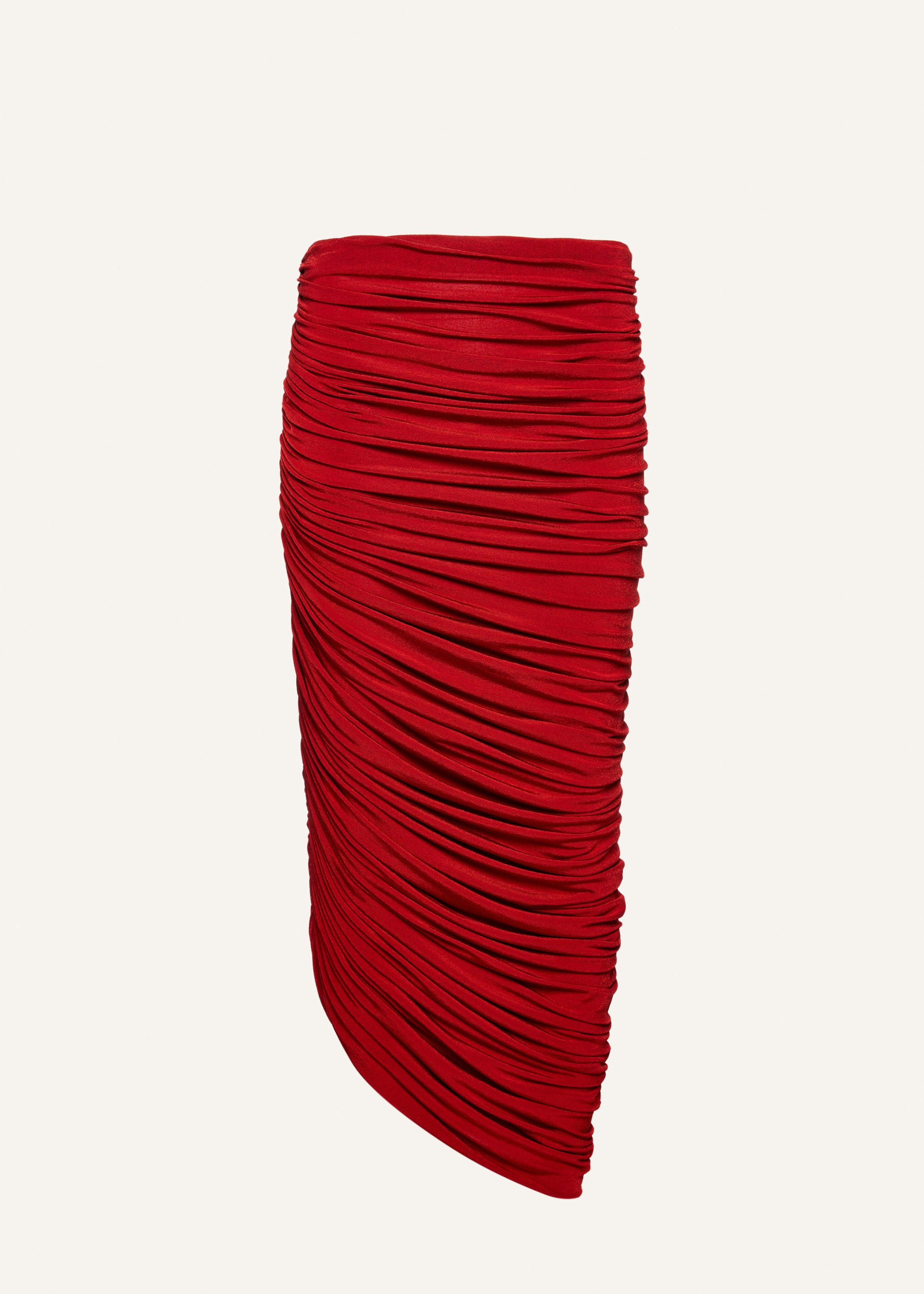asymmetrical draped midi skirt in red