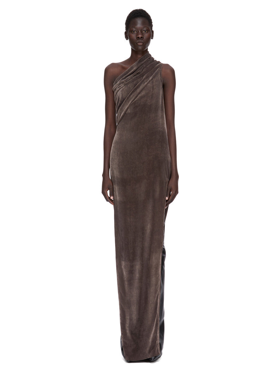 athena arrowhead one-shoulder draped crushed-velvet gown brown