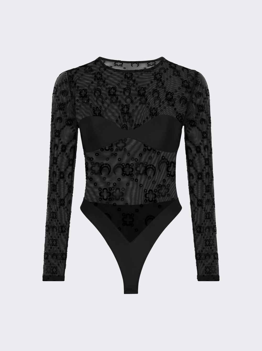 moonogram mesh flock long skeeve bodysuit top black