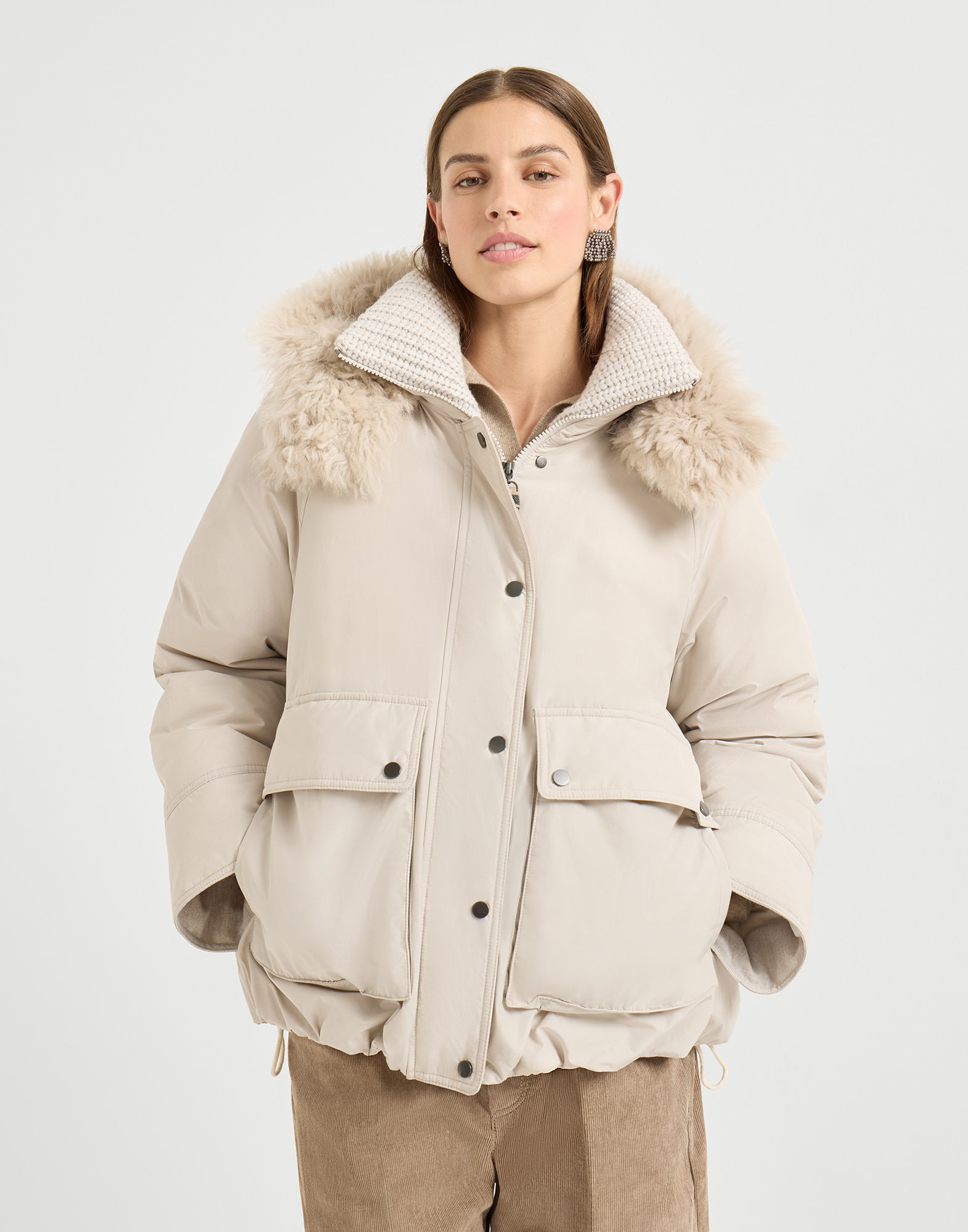techno cotton water-resistant taffeta down parka with detachable shearling hood and shiny zipper pul