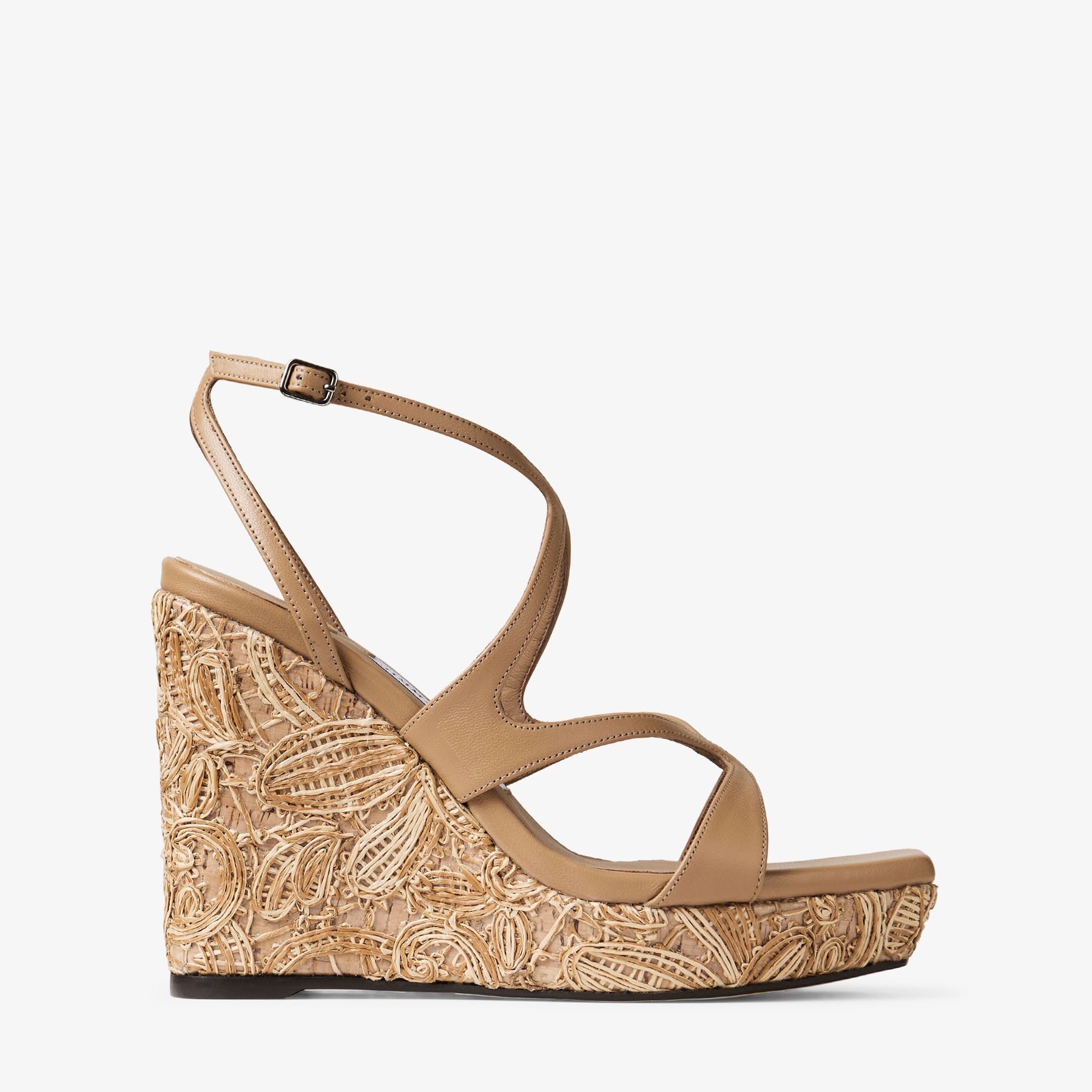 ayla 110 cappuccino nappa leather and flower woven raffia wedges
