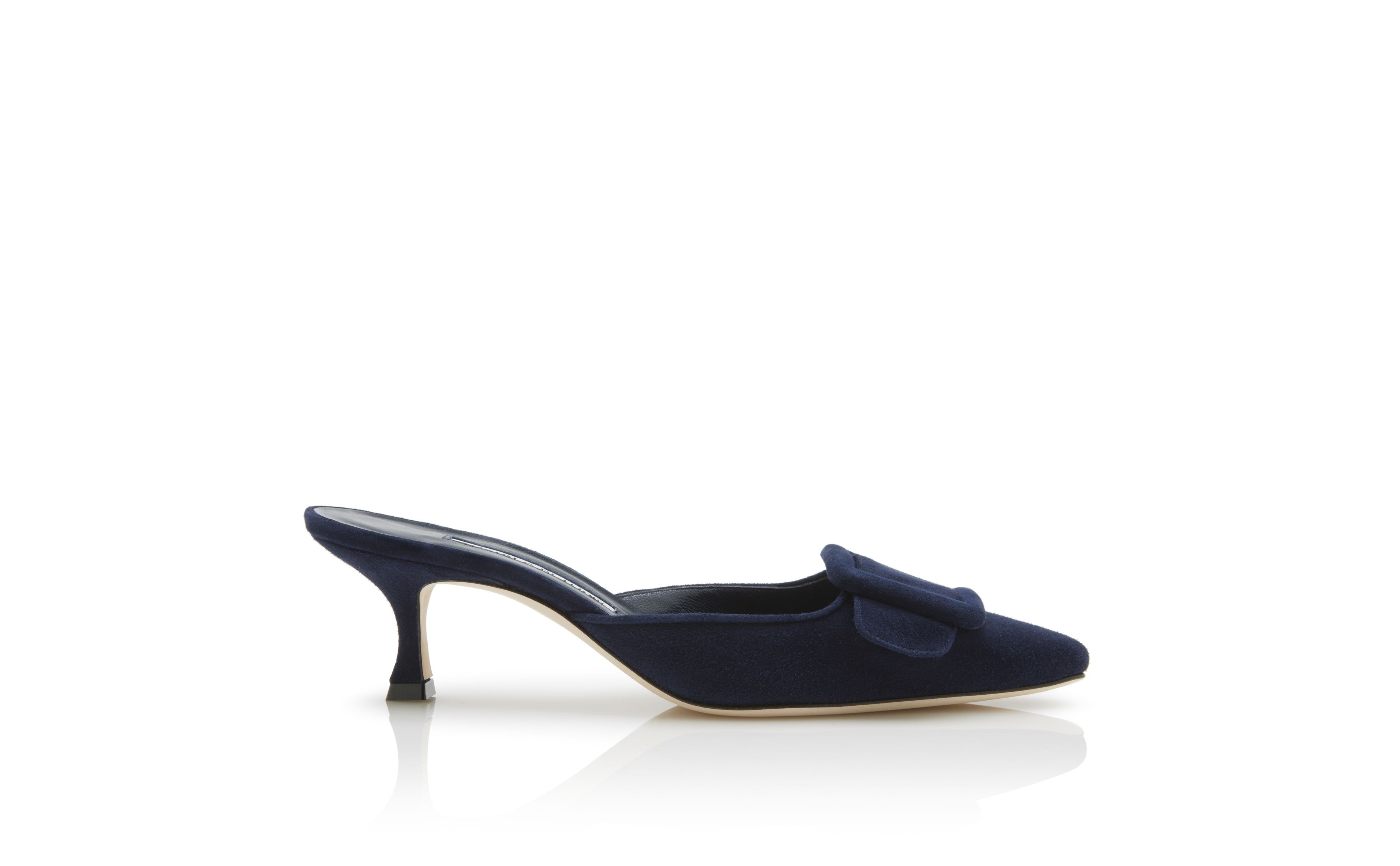 navy blue suede kitten heel mules