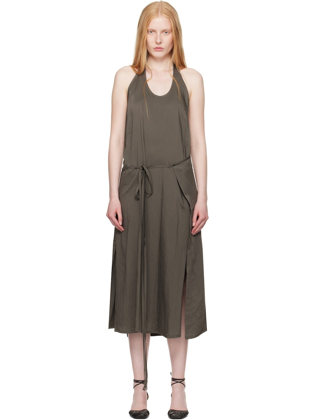 brown apron midi dress