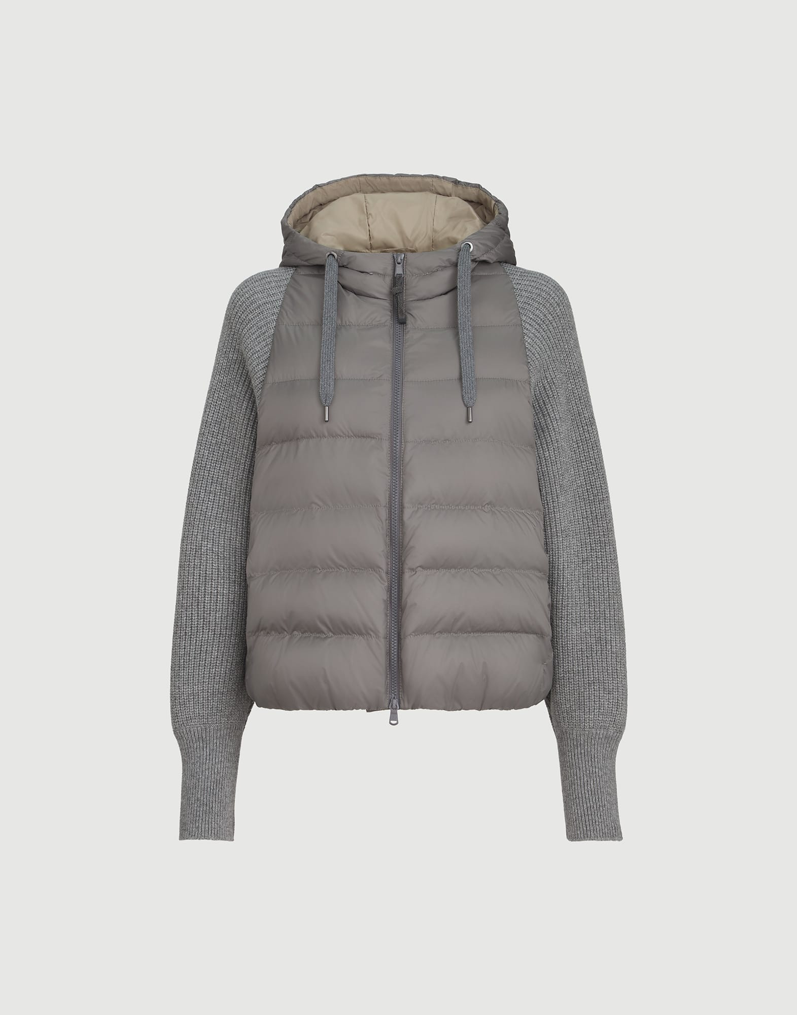 water-resistant matte nylon hooded down jacket with monili and sleeves in virgin wool, cashmere and