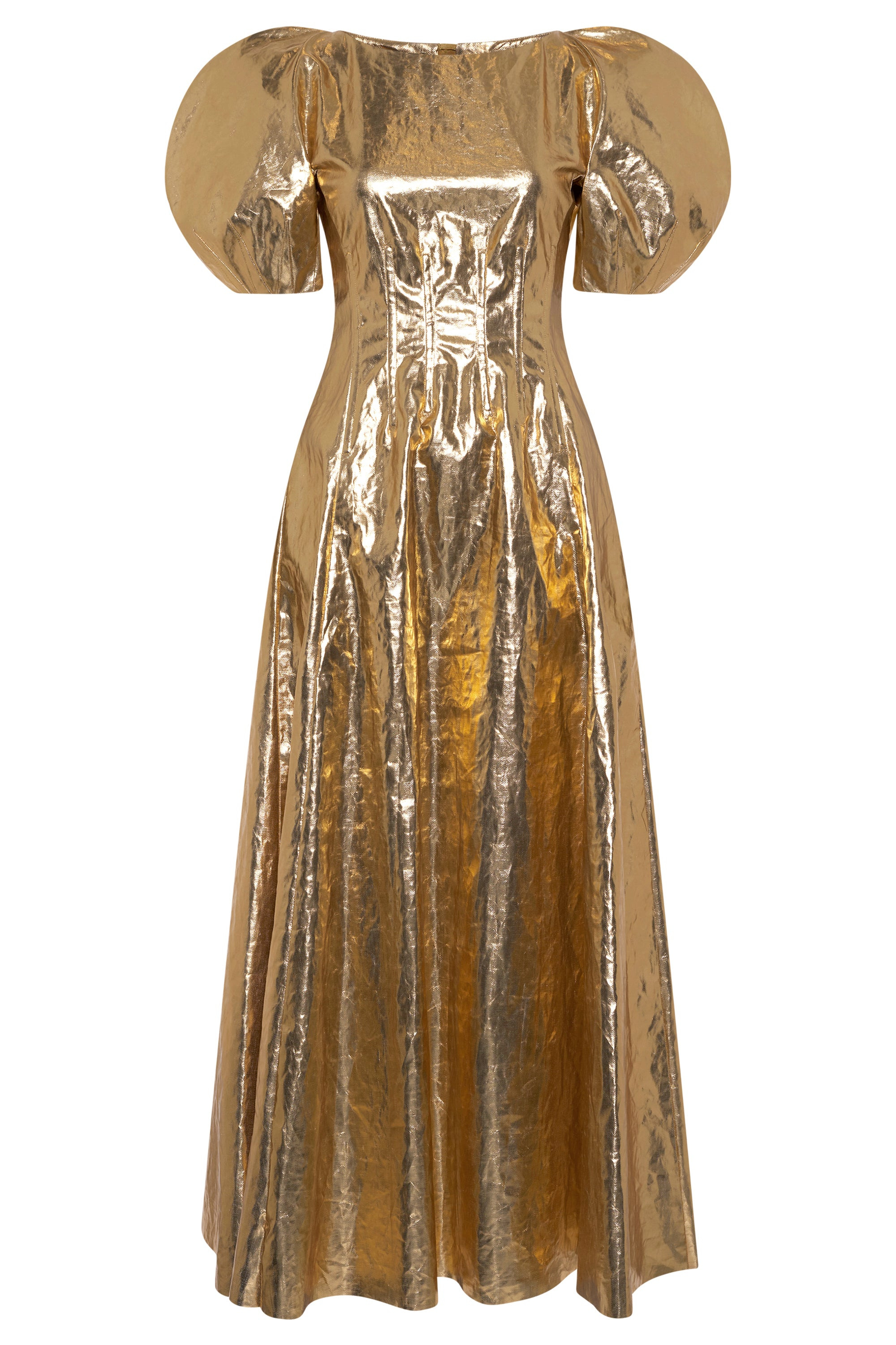 ranya puff sleeve maxi dress in metallic gold linen twill