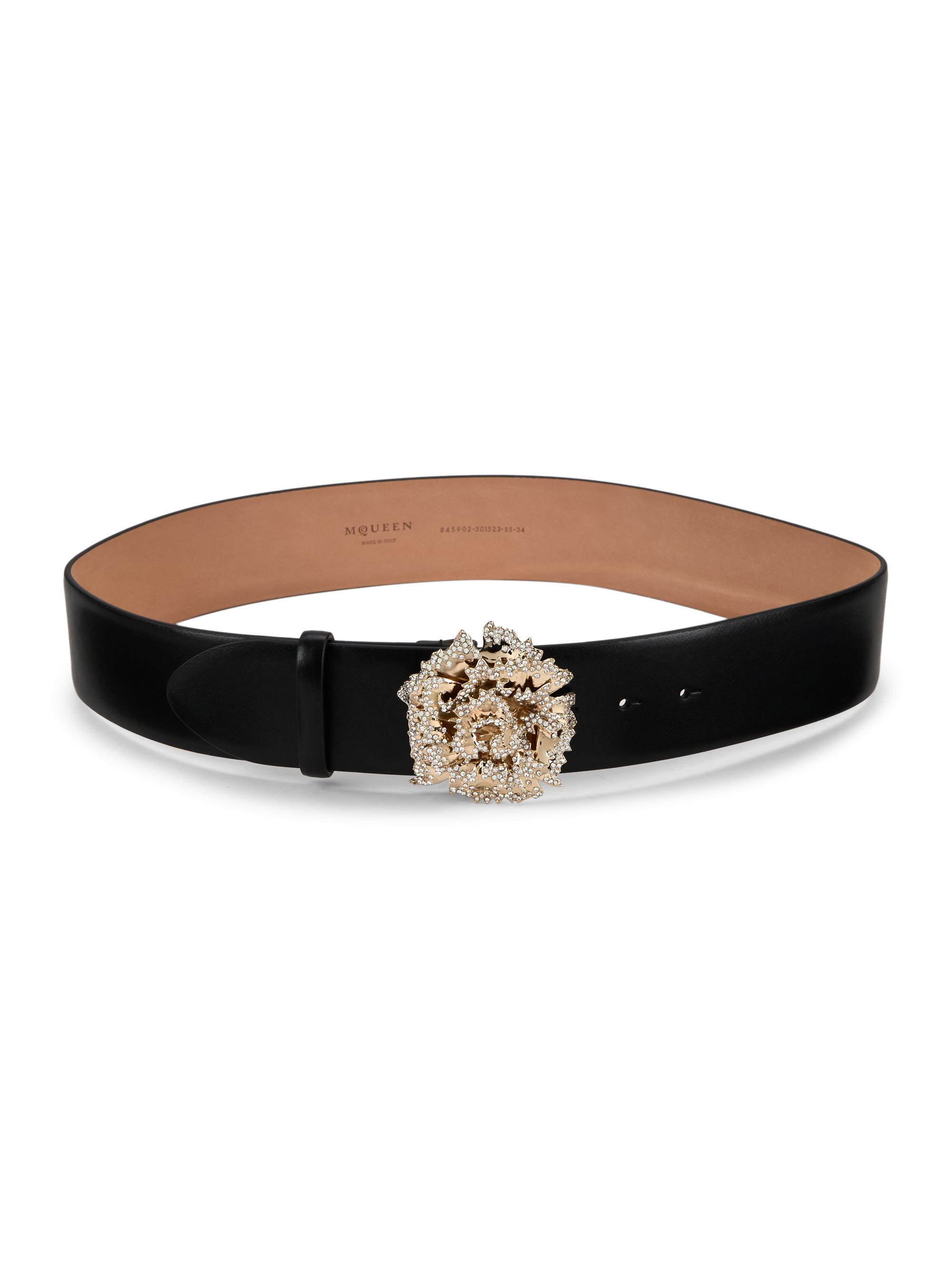 women's crystal-embellished leather belt - black gold