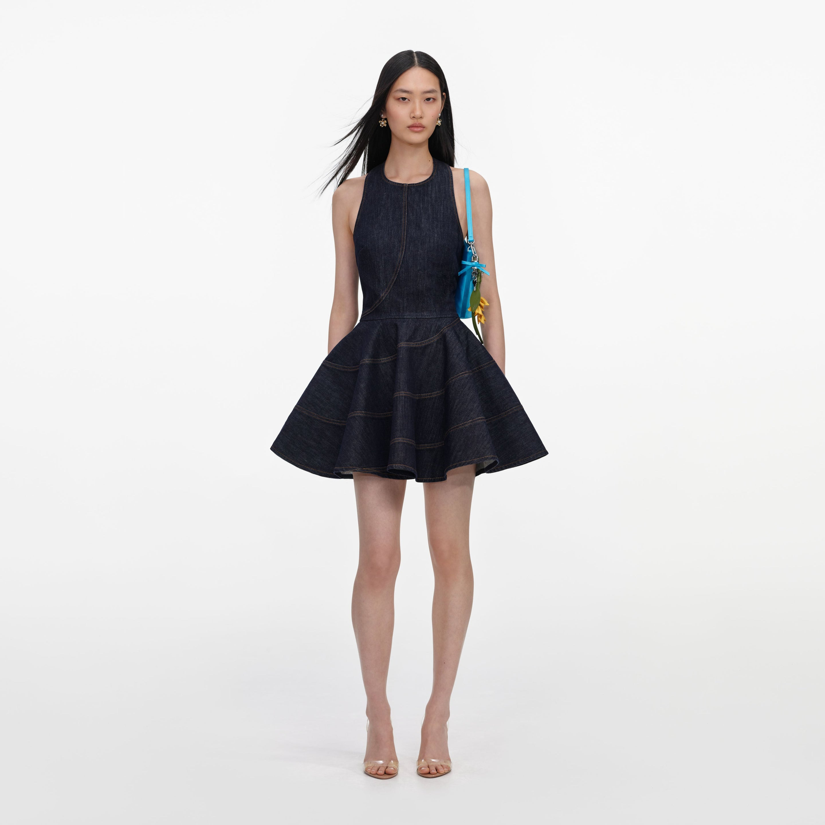indigo denim halterneck mini dress