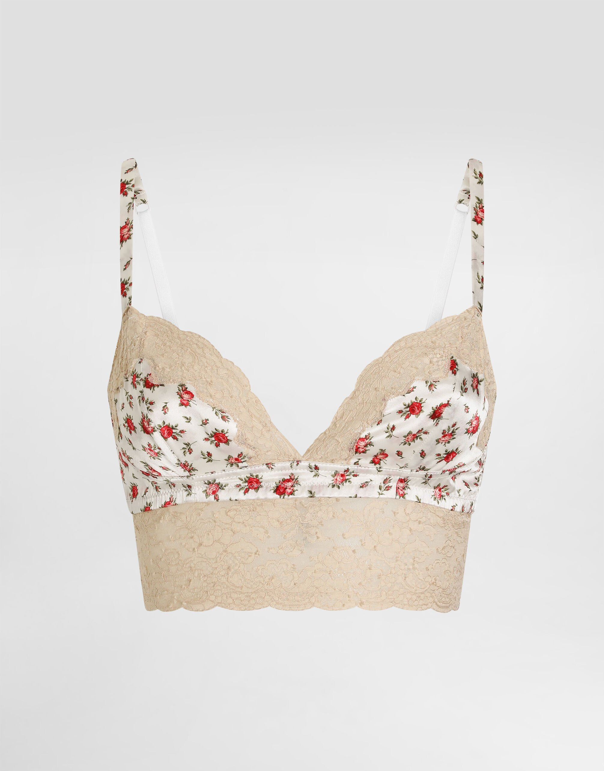 small rose-print satin and lace bra