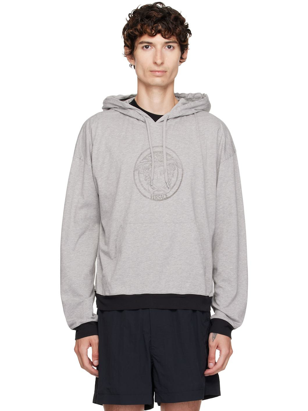 gray printed cotton-jersey hoodie