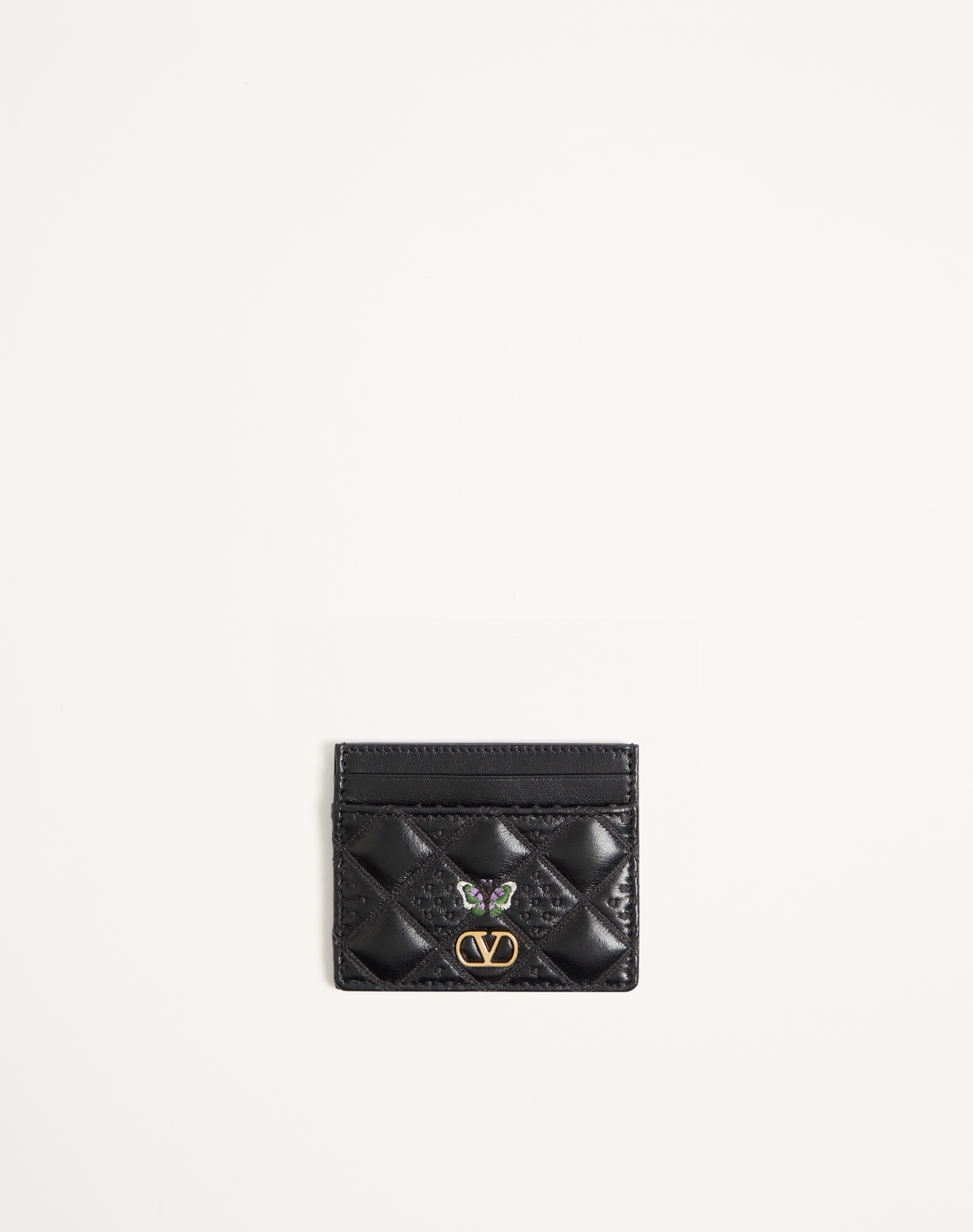 valentino garavani flutterby cardholder in shiny nappa leather with butterfly embroidery