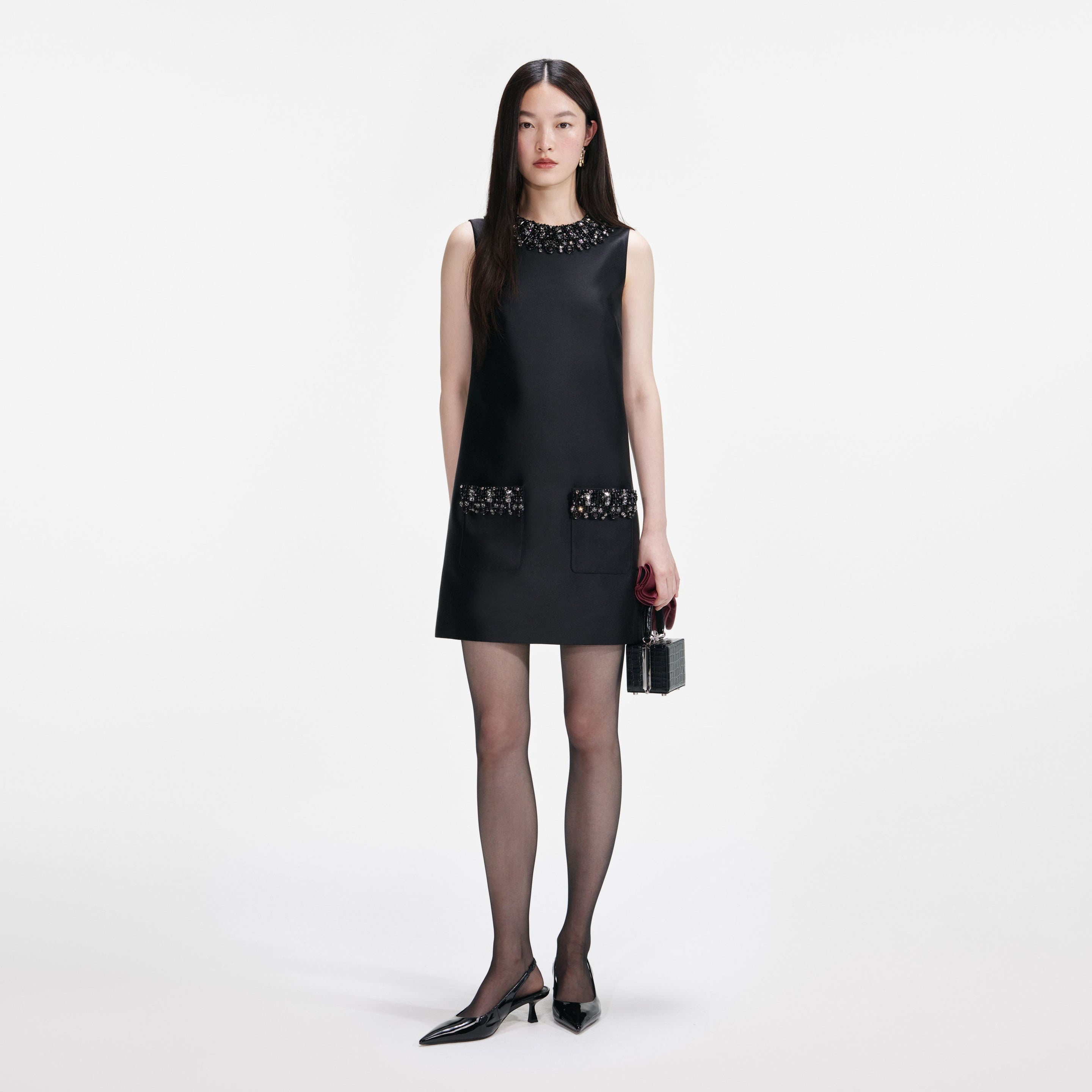 black taffeta embellished trim mini dress