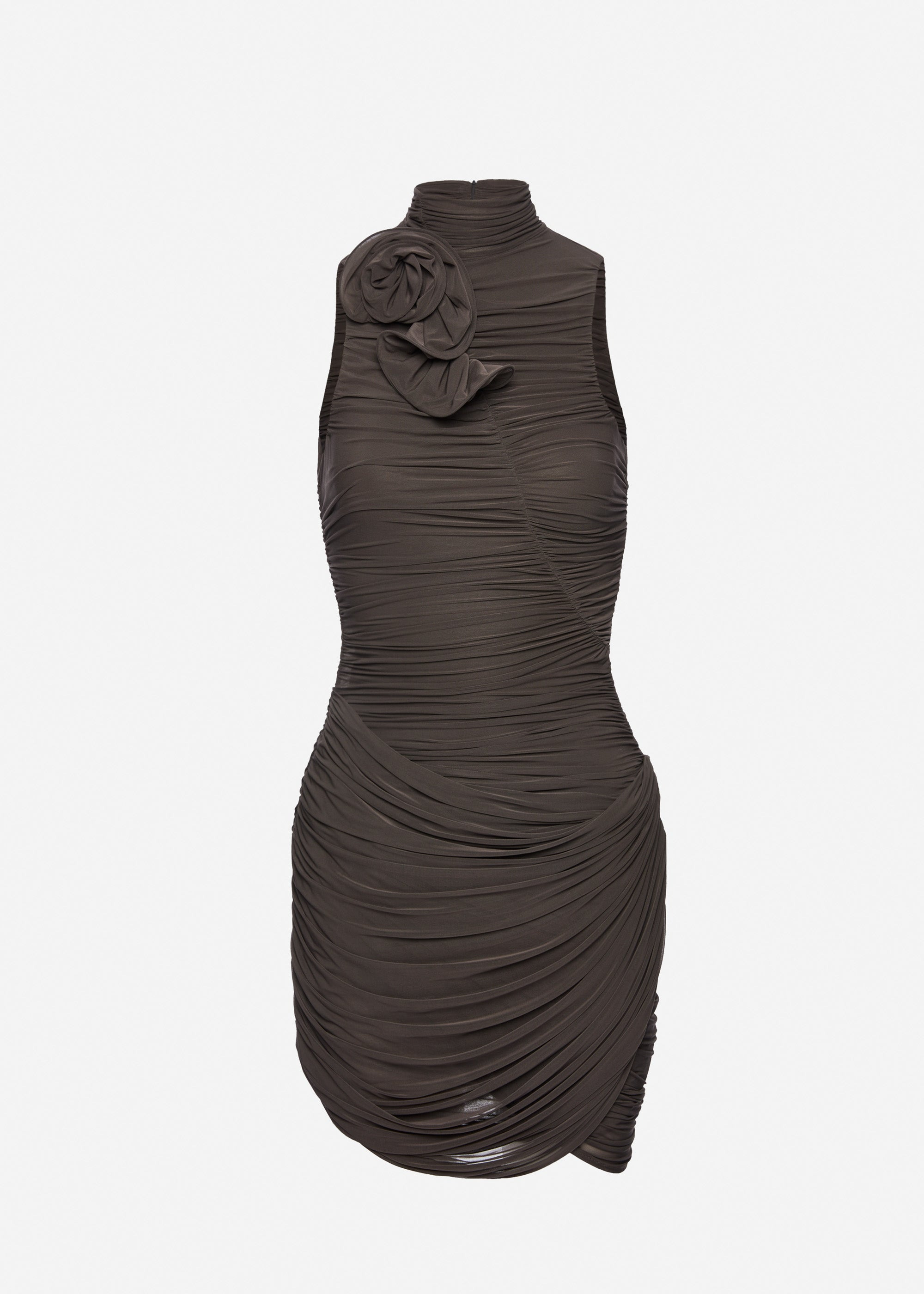 high-neck draped mini dress in brown