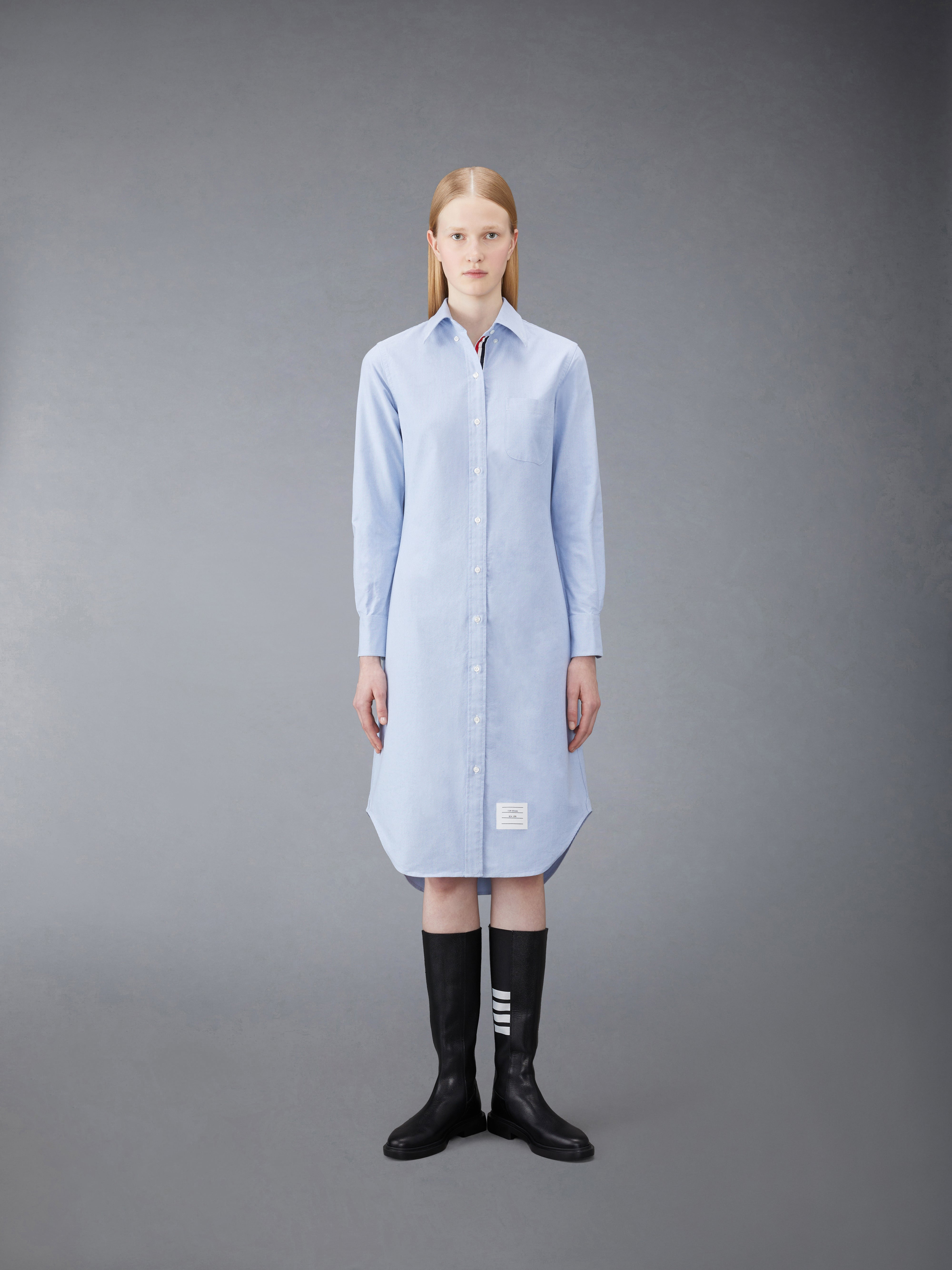 knee length point collar shirtdress w/ rwb grosgrain placket in oxford