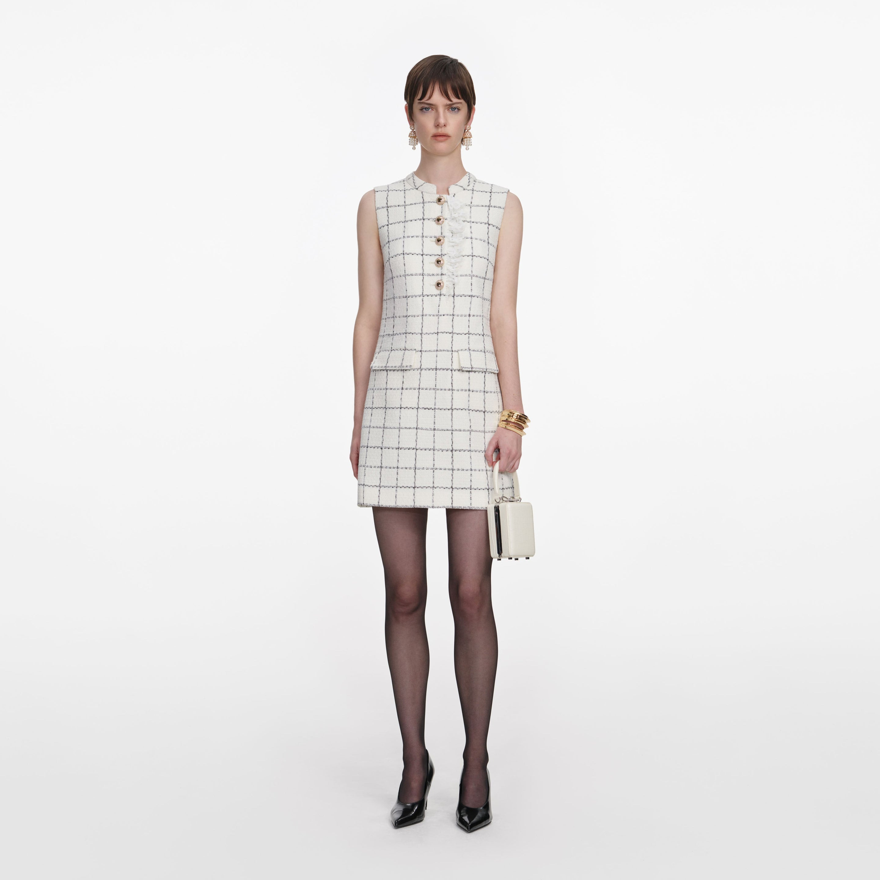 check boucle lace trim mini dress